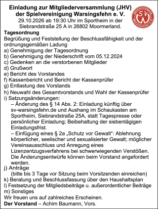 Einladung zur Mitgliderversammlung am 29.10.2026